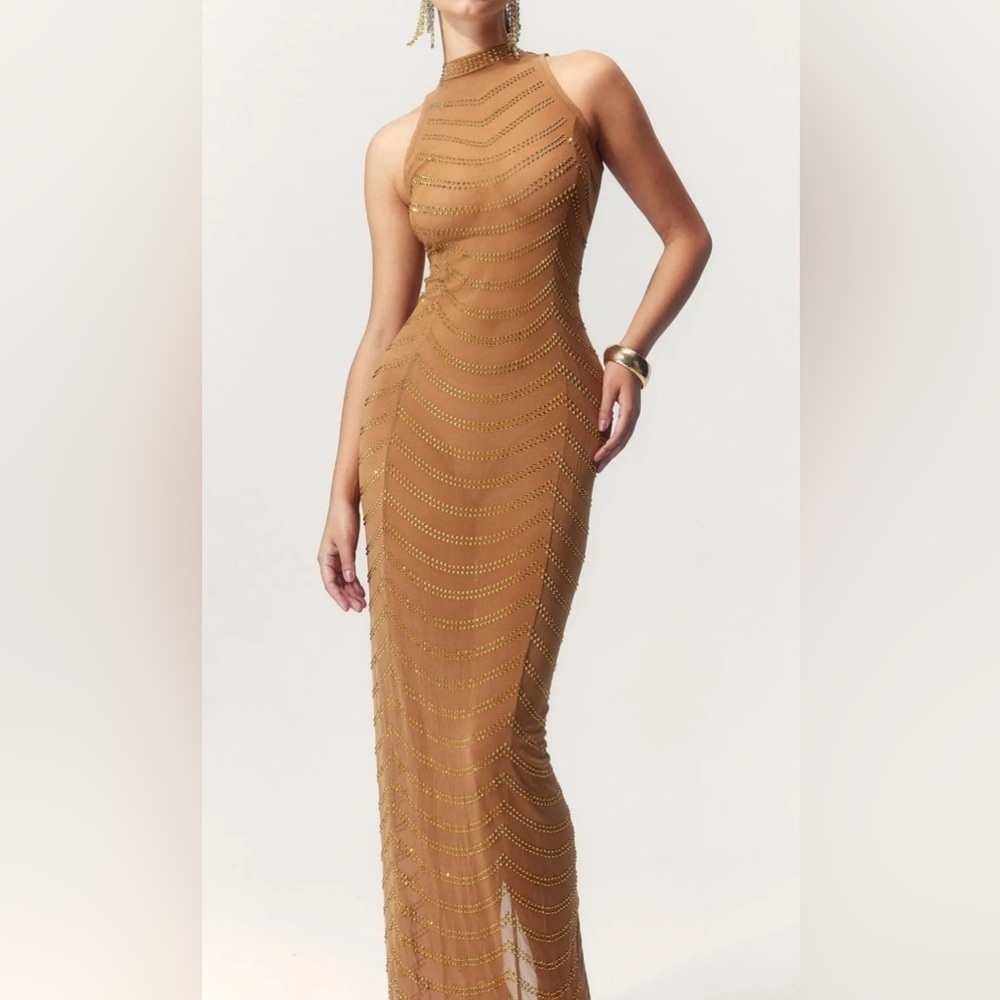 Golden Sheer Gown With Rhinestones Maxi Sleeveless Special Occasions BNWOT